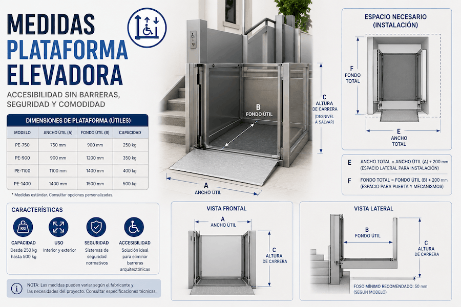 Medidas de una plataforma elevadora: dimensiones y espacio necesario