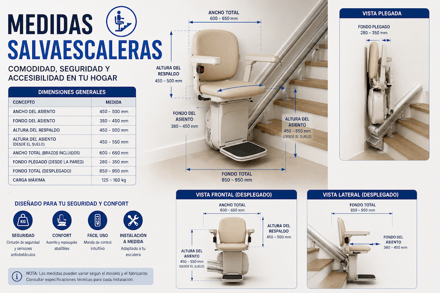 Medidas de un salvaescaleras: espacio necesario para silla y plataforma